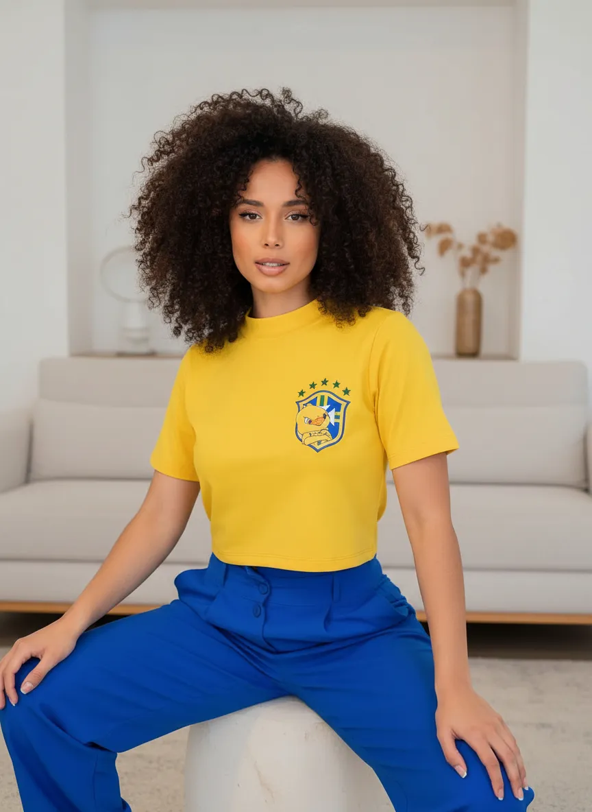 T-shirt Feminino Cropped Algodão Brasil Copa Do Mundo